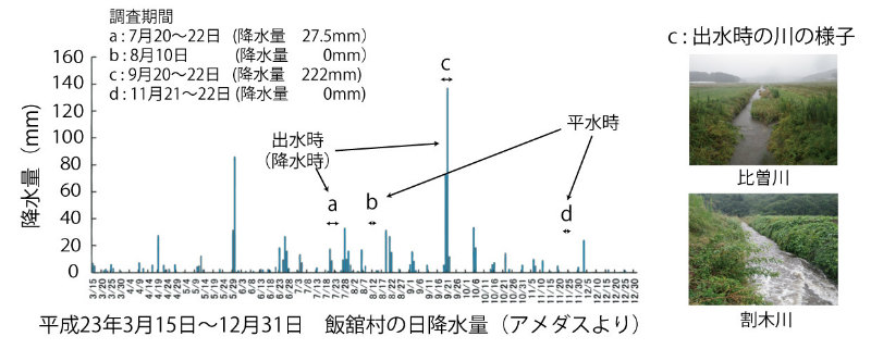 画像：調査を行った時期の雨量や河川水の状態