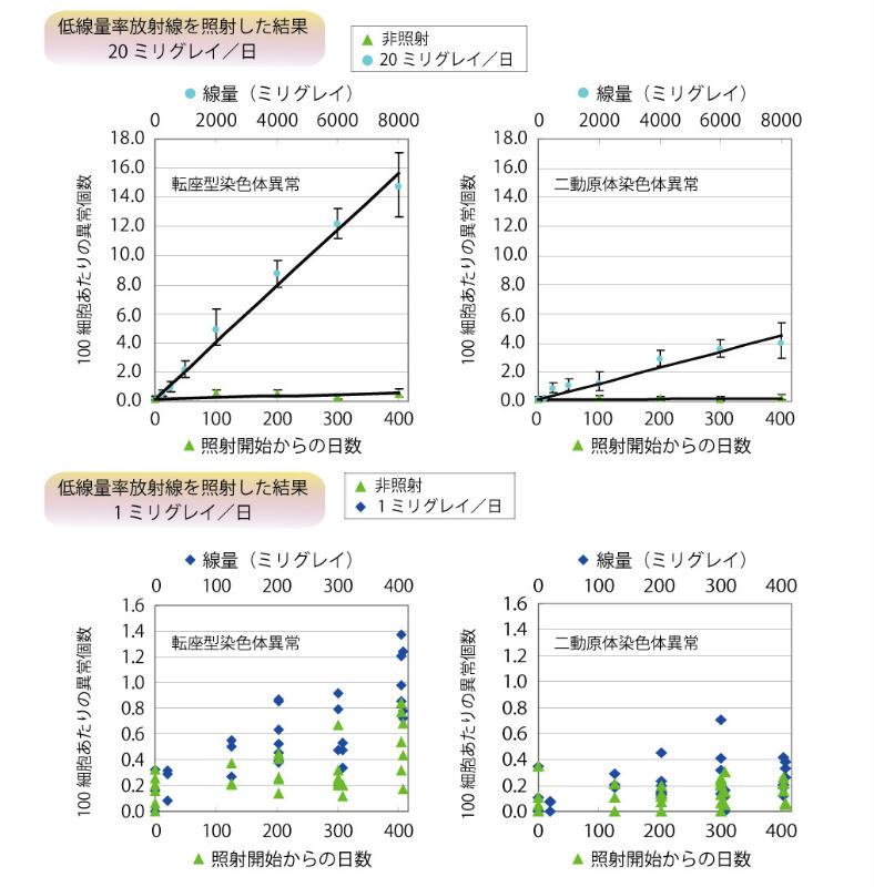 低線量放射線を照射した結果（20ミリグレイ／分と1ミリグレイ／分）