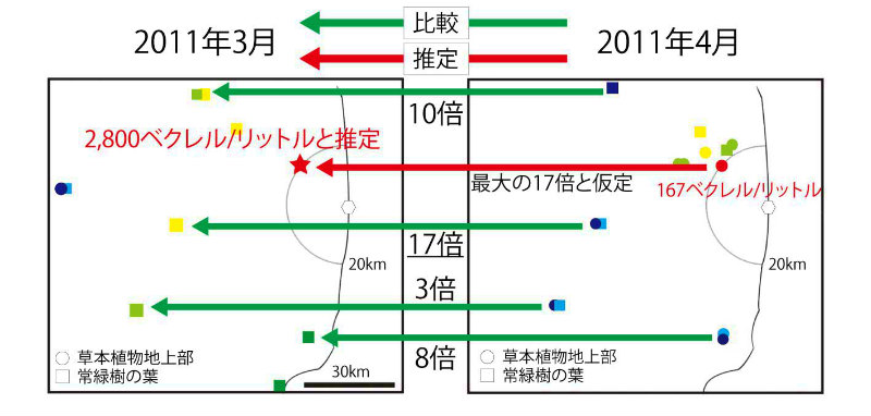 画像：トリチウム濃度と内部被ばく線量の推定